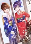  2girls :d absurdres alternate_hairstyle aqua_eyes bangs blue_kimono blurry blush bow brown_eyes brown_hair closed_mouth commentary_request depth_of_field eyebrows_visible_through_hair floral_print flower fur_collar fur_trim furisode glasses hair_bow hair_bun hair_flower hair_ornament hair_up hand_on_hip highres hololive japanese_clothes kimono long_hair long_sleeves looking_at_viewer multiple_girls obi open_mouth own_hands_together print_kimono purple_hair raira_(kinounozikan) red_kimono sash sidelocks smile standing steepled_fingers tokino_sora virtual_youtuber wide_sleeves yuujin_a_(hololive) 