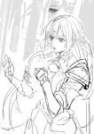  1girl armor braid breastplate choker ganida_boushoku greyscale hair_between_eyes long_hair lower_teeth monochrome open_mouth original outdoors pauldrons red_eyes shoulder_armor sketch solo spot_color teeth tree vambraces 