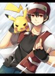  1boy bangs baseball_cap black_gloves black_hair black_shirt brown_eyes closed_mouth commentary_request fingerless_gloves gen_1_pokemon gloves hat jacket male_focus mokorei on_shoulder pants pikachu pixiv_red pokemon pokemon_(creature) pokemon_on_shoulder shirt short_hair short_sleeves 