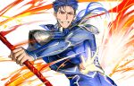 1boy 9sui abs armor beads blue_hair bodysuit closed_mouth cu_chulainn_(fate)_(all) earrings fang fate/stay_night fate_(series) gae_bolg hair_beads hair_ornament holding holding_polearm holding_weapon jewelry lancer long_hair male_focus muscular pauldrons polearm ponytail red_eyes shoulder_armor simple_background skin_tight solo spiky_hair type-moon weapon white_background 