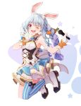  1girl absurdres animal_ear_fluff animal_ears arm_garter bangs black_ribbon blue_hair blush boots braid breasts bunny-shaped_pupils bunny_tail carrot_hair_ornament corset food_themed_hair_ornament gloves gradient_eyes hair_ornament highres hikimayu hololive hololive_fantasy jumping long_hair looking_at_viewer microphone mismatched_legwear multicolored multicolored_eyes multicolored_hair one_eye_closed open_mouth orange_eyes pinkusan pleated_skirt rabbit_ears rabbit_girl ribbon short_eyebrows sidelocks simple_background single_thighhigh skirt sleeveless small_breasts smile solo star_(symbol) striped striped_legwear swept_bangs tail thigh-highs twin_braids two-tone_background two-tone_footwear two-tone_hair usada_pekora virtual_youtuber waving white_gloves white_hair 