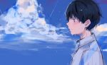  1boy absurdres black_hair blue_eyes blush closed_mouth clouds cloudy_sky dripping heremia highres light_rays male_focus original outdoors profile sketch sky solo upper_body wet 