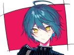  1boy ahoge bangs blush border closed_mouth commentary_request dangan_ronpa_(series) dangan_ronpa_v3:_killing_harmony face frown goto_(sep) green_hair hair_between_eyes looking_at_viewer male_focus portrait red_background saihara_shuuichi short_hair solo sweatdrop upper_body white_background white_border yellow_eyes 
