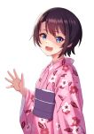  1girl :d bangs black_hair blue_eyes cherry_blossom_print floral_print hand_up highres hololive japanese_clothes kaimuu_(fahrenheit724) kimono light_blush long_hair looking_at_viewer lower_teeth oozora_subaru open_mouth pink_kimono purple_sash sash short_hair simple_background smile solo traditional_clothes upper_body virtual_youtuber waving white_background wide_sleeves 