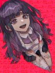  1girl :d apron bandaged_arm bandaged_leg bandages bangs black_skirt blush breasts dangan_ronpa_(series) dangan_ronpa_2:_goodbye_despair eyebrows_visible_through_hair from_above heart heart-shaped_pupils joh_pierrot large_breasts long_hair looking_at_viewer looking_up medium_breasts miniskirt mole mole_under_eye nurse open_mouth puffy_short_sleeves puffy_sleeves purple_hair red_background shiny shiny_hair short_sleeves skirt smile solo symbol-shaped_pupils tsumiki_mikan upper_teeth violet_eyes 