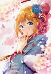  1girl blonde_hair blue_eyes blush cherry_blossoms commentary_request conconcon1031 finger_to_mouth flower hair_flower hair_ornament japanese_clothes kimono long_hair looking_at_viewer pecorine_(princess_connect!) petals princess_connect! princess_connect!_re:dive smile solo 