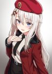 1girl 9a-91_(girls_frontline) alternate_costume belt beret blue_eyes blush cosplay duplicate eyebrows_visible_through_hair female_commander_(girls_frontline) female_commander_(girls_frontline)_(cosplay) girls_frontline hair_ornament hand_on_own_chest hat highres long_hair military military_jacket military_uniform necktie open_mouth silver_hair solo star_(symbol) star_hair_ornament uniform very_long_hair white_background yakob_labo 