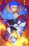  1boy angry blue_hair bracelet capelet cu_chulainn_(fate)_(all) cu_chulainn_(fate/grand_order) earrings fate/grand_order fate_(series) fire floating_hair fur-trimmed_hood fur_trim holding holding_staff hood hood_down hooded_capelet iz_izhara jewelry long_hair male_focus red_eyes signature solo spiky_hair staff type-moon 