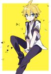  1boy between_legs blonde_hair blue_moon_(module) commentary fingerless_gloves gloves hand_between_legs headphones kagamine_len male_focus open_clothes open_shirt project_diva_(series) shirt single_glove sitting smile solo spiky_hair vocaloid white_shirt yellow_background yoshiki 