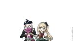  1boy 1girl anger_vein animal bandaged_arm bandages bangs black_bow black_hair black_jacket blonde_hair blush bow bowtie braid chibi criis-chan dangan_ronpa_(series) dangan_ronpa_2:_goodbye_despair dress green_dress grey_background grey_hair hair_bow hamster holding holding_animal jacket long_hair long_sleeves looking_at_another multicolored_hair puffy_short_sleeves puffy_sleeves purple_scarf red_bow scarf scarf_over_mouth shirt short_hair short_sleeves simple_background sonia_nevermind subtitled sweatdrop tanaka_gandamu two-tone_hair upper_body 