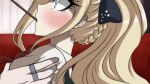  1boy 1girl bangs black_bow blonde_hair blush bow braid couch criis-chan dangan_ronpa_(series) dangan_ronpa_2:_goodbye_despair food from_side hair_bow jewelry long_hair looking_up mouth_hold pocky ponytail profile ring shoulder_grab solo_focus sonia_nevermind tanaka_gandamu upper_body watermark web_address 