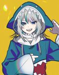  1girl :d animal_hood blue_eyes eyebrows_visible_through_hair eyes_visible_through_hair fish_bone gawr_gura grey_hair grey_shirt highres hololive hololive_english hood hood_down hoodie kiliko-san long_sleeves multicolored_hair open_mouth shark_hood sharp_teeth shirt sleeves_past_wrists smile solo teeth virtual_youtuber yellow_background 