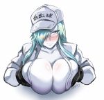  1girl aqua_hair black_gloves blue_eyes blush breast_hold breast_press breasts collarbone cropped_torso gloves hat hataraku_saibou hataraku_saibou_black highres large_breasts long_hair nose_blush one_eye_covered pale_skin shibusun solo sweatdrop u-1196 white_background white_blood_cell_(hataraku_saibou) white_headwear 