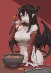  1girl apron baking_sheet black_hair black_horns bowl breasts bridal_gauntlets chocolate_chip_cookie choker cookie cowboy_shot demon_horns demon_tail demon_wings eating elbow_gloves food gloves hand_up heart highres horns jun_(seojh1029) large_breasts long_hair original pink_nails pointy_ears red_background red_eyes shadow signature solo spoon table tail white_apron wings 