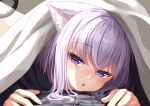  1boy 1girl :o absurdres animal_ear_fluff animal_ears blush cat_ears clock commentary_request highres hololive looking_at_viewer nekomata_okayu purple_hair short_hair solo_focus starkamisan under_covers violet_eyes virtual_youtuber 