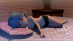 1girl barefoot bed bedroom black_shorts blue_hair brown_eyes camisole feet highres indoors legs looking_at_viewer low_twintails lying on_side original outstretched_hand pillow plant potted_plant print_camisole short_hair short_shorts short_twintails shorts smile solo thighs toes twintails white_camisole zet_(globalgears) 