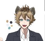  1boy :d aderu animal_ears bangs black_jacket blonde_hair blue_eyes collared_shirt fangs grey_eyes hyena_ears jacket looking_at_viewer male_focus messy_hair open_mouth paw_print_background ruggie_bucchi shirt simple_background smile solo twisted_wonderland upper_body upper_teeth white_background white_shirt 