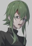  1girl black_shirt blood blood_on_face commentary crying crying_with_eyes_open green_hair grey_background gumi medium_hair open_mouth portrait shirt sidelighting sideways_glance solo tears vocaloid wounds404 