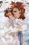  1girl blue_shirt blurry blurry_background blush brown_eyes brown_hair cherry_blossoms faux_traditional_media flower hair_in_mouth hand_in_hair hibike!_euphonium highres jacket kataru_(ubw-emiya) long_sleeves looking_at_viewer oumae_kumiko outdoors shirt short_hair solo tree white_jacket 