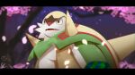  absurdres blurry brown_eyes chesnaught commentary_request crescent fangs gen_6_pokemon highres looking_up mizunogoke no_humans open_mouth petals pokemon pokemon_(creature) repost_notice watermark 