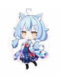 1girl ahoge animal_ear_fluff animal_ears bangs black_footwear blue_hair blue_hakama blue_kimono blush boots brown_eyes cat_ears cat_girl cat_tail chibi cocozasa commentary_request cross-laced_footwear ear_piercing eyebrows_visible_through_hair floral_print full_body fur-trimmed_boots fur_trim grey_background hair_ornament hairclip hakama heart_ahoge high_heel_boots high_heels highres hololive japanese_clothes kemonomimi_mode kimono lace-up_boots long_hair long_sleeves looking_at_viewer low_twintails multicolored_hair parted_lips piercing print_hakama print_kimono sleeves_past_wrists snowflake_background solo streaked_hair tail twintails very_long_hair virtual_youtuber wide_sleeves yukihana_lamy 