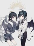  ahoge alternate_costume angel_and_devil angel_wings black_hair black_horns book brown_eyes commentary_request dangan_ronpa_(series) dangan_ronpa_v3:_killing_harmony demon_horns demon_tail demon_wings dress_shirt feathered_wings feet_out_of_frame finger_to_mouth goto_(sep) grey_background halo hand_on_another&#039;s_shoulder hands_up highres holding holding_book horns looking_at_viewer male_focus multiple_boys one_eye_closed open_mouth ouma_kokichi pants saihara_shuuichi shiny shiny_hair shirt shirt_tucked_in short_hair shorts shushing striped striped_pants tail violet_eyes white_shirt white_wings wings 