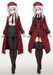  2girls 9a-91_(girls_frontline) alternate_costume belt beret blouse blue_eyes blush cosplay dual_persona duplicate eyebrows_visible_through_hair female_commander_(girls_frontline) female_commander_(girls_frontline)_(cosplay) girls_frontline hair_between_eyes hair_ornament hairclip hat head_tilt high_heels highres long_hair looking_at_viewer md5_mismatch military military_uniform multiple_girls necktie pantyhose skindentation skirt sleeve_cuffs star_(symbol) star_hair_ornament thigh-highs trench_coat uniform white_background white_blouse white_hair yakob_labo 