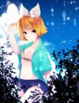  1girl bangs bikini bikini_top blonde_hair blue_jacket blue_shorts blue_sky bow clouds commentary cowboy_shot day hair_bow hair_ornament hairclip hand_up highres jacket kagamine_rin open_clothes open_jacket outdoors plant short_hair short_shorts shorts sky solo swept_bangs swimsuit un_known9999 vocaloid white_bow 