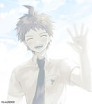 1boy :d bangs blush closed_eyes collared_shirt commentary_request dangan_ronpa_(series) dangan_ronpa_2:_goodbye_despair green_neckwear hand_up hinata_hajime ksbt0000 light male_focus necktie open_mouth outdoors shirt short_sleeves simple_background smile solo spiky_hair striped twitter_username upper_body white_shirt wing_collar 