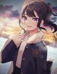  1girl :d bangs bare_tree black_hair black_jacket black_skirt blurry blurry_background blush clouds cloudy_sky commentary_request depth_of_field emu_(emum) eyebrows_visible_through_hair fur-trimmed_jacket fur-trimmed_sleeves fur_trim hand_up highres jacket long_sleeves looking_at_viewer open_clothes open_jacket open_mouth original outdoors ponytail shirt sidelocks skirt sky sleeves_past_wrists smile snow solo sunset tree violet_eyes white_shirt 