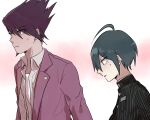  2boys ahoge bangs black_jacket breast_pocket closed_mouth collared_shirt commentary_request dangan_ronpa_(series) dangan_ronpa_v3:_killing_harmony dangyu_(danganpa) facial_hair goatee green_hair grey_shirt hair_up highres jacket long_sleeves looking_down male_focus multiple_boys open_clothes open_mouth pink_background pink_jacket pocket profile purple_hair saihara_shuuichi shirt short_hair simple_background spiky_hair striped_jacket sweatdrop violet_eyes white_background white_shirt 