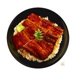  bowl donburi eel fish food food_focus garnish grilled_eel leaf meat no_humans original rice rice_bowl simple_background still_life studiolg unajuu_(food) vegetable white_background 