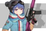  2girls :3 assault_rifle beanie blue_hair blush eyes_visible_through_hair gloves goggles gun hat highres holding holding_gun holding_weapon jacket kagamihara_nadeshiko looking_at_viewer m4_carbine magazine_(weapon) multiple_girls patch photo_(object) ramen reiji-rj rifle scarf shadow shima_rin simple_background smile smug star_(symbol) sticker trigger_discipline violet_eyes weapon yurucamp 