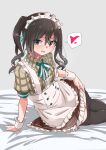  1girl apron bed_sheet black_eyes black_hair black_legwear blush bow bowtie brown_skirt center_frills frilled_apron frilled_skirt frills green_bow green_neckwear hair_between_eyes heart highres idolmaster idolmaster_cinderella_girls long_hair looking_at_viewer mole mole_under_eye open_mouth pantyhose pantyhose_pull puffy_short_sleeves puffy_sleeves sharp_teeth short_sleeves skirt solo speech_bubble spoken_heart striped striped_bow striped_neckwear sunazuka_akira teeth twintails waist_apron waitress white_apron wrist_cuffs yuuichi_(reductionblack) 