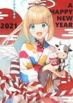  1girl 2021 :d animal aqua_eyes bangs blonde_hair blue_hair bottle chinese_zodiac commentary_request cow egasumi eyebrows_visible_through_hair feathered_wings hands_up happy_new_year high_ponytail highres holding holding_animal holding_bottle japanese_clothes kimono koto_(colorcube) long_hair long_sleeves looking_at_viewer mini_wings multicolored_hair nail_polish new_year obi open_mouth original ponytail red_nails sash sidelocks smile solo two-tone_hair very_long_hair white_kimono white_wings wide_sleeves wing_hair_ornament wings year_of_the_ox 