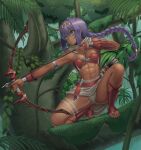  1girl abs absurdres aiming archery arm_guards armlet armor arrow_(projectile) barefoot bikini_armor blue_eyes bow_(weapon) braid breasts circlet dark_skin drawing_bow fingerless_gloves forest gloves highres in_tree long_hair muscular muscular_female nature original purple_hair quiver ranma_(kamenrideroz) scarf shin_guards single_braid sitting sitting_in_tree skirt tan toeless_legwear toes tree weapon 