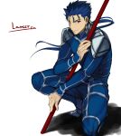  1boy armor beads blue_hair bodysuit closed_mouth cu_chulainn_(fate)_(all) earrings fate/stay_night fate_(series) floating_hair gae_bolg grin hair_beads hair_ornament holding holding_polearm holding_weapon jam8686 jewelry lancer long_hair male_focus pauldrons polearm ponytail red_eyes shoulder_armor simple_background skin_tight smile solo spiky_hair squatting type-moon weapon white_background 