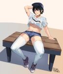  1girl bandaid bandaid_on_face baseball_cap bench black_hair blush breasts crop_top denim denim_shorts full_body hat highres hun_yan leaning_back looking_at_viewer midriff navel no_bra no_panties original shoes short_hair short_sleeves shorts sitting smile sneakers solo thigh-highs tomboy under_boob violet_eyes white_legwear 