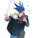  2boys androgynous aqua_eyes black_hoodie blue_hair denim double_v galo_thymos green_hair grey_pants grin hand_in_pocket highres hood hoodie jeans km_(ksolee1201) lio_fotia multiple_boys pants parted_lips pink_eyes promare red_hoodie short_hair simple_background sleeves_past_wrists smile sparkle spiky_hair suit_jacket v white_background 