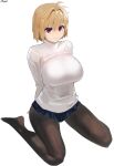  1girl absurdres arcueid_brunestud bangs blonde_hair blue_skirt breasts eyebrows_visible_through_hair firstw1 hair_intakes highres large_breasts looking_at_viewer pantyhose red_eyes short_hair simple_background sitting skirt solo tsukihime twitter_username wariza white_background 