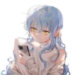 1girl bangs bare_shoulders blue_hair blush cellphone closed_mouth commission eyebrows_visible_through_hair hair_between_eyes hair_ribbon highres holding holding_phone kellymonica02 long_hair long_sleeves looking_away off_shoulder original phone pillow pillow_hug ribbon shirt simple_background sleeves_past_wrists smile solo white_background white_ribbon white_shirt yellow_eyes 