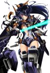  1girl absurdres black_gloves black_hair commentary_request energy_sword gloves headgear high_ponytail highres holding holding_sword holding_weapon kumichou_(ef65-1118-ef81-95) long_hair looking_at_viewer mecha_musume mechanical_legs original shattered sheath solo sword thighs torn_clothes vambraces violet_eyes weapon white_background 