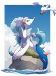  absurdres blue_eyes border clouds commentary_request day from_below gen_3_pokemon gen_7_pokemon highres kisa_(kisa-kisa5900) looking_up moss no_humans open_mouth outdoors outside_border pokemon pokemon_(creature) primarina signature sky water white_border wingull 