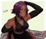  1girl artist_name bare_shoulders bleach blush breasts choker collarbone dark_skin elbow_gloves gloves gud0c highres large_breasts looking_at_viewer muscular muscular_female purple_hair shihouin_yoruichi short_hair simple_background smile solo teeth watermark yellow_eyes 