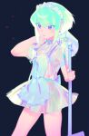  1boy absurdres androgynous arm_over_shoulder bucket collar crossdressinging dark_background earrings green_hair heart_apron highres holding iridescent jewelry km_(ksolee1201) lio_fotia maid maid_headdress otoko_no_ko pink_eyes promare ribbon see-through short_hair short_sleeves simple_background sparkle 