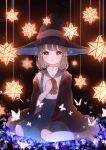 1girl :o brown_hair cloak crying crying_with_eyes_open eyebrows_behind_hair fantasy hand_on_own_chest hat highres lupinus4869 open_cloak open_clothes open_mouth original sailor_collar shirt sitting skirt solo star_(symbol) suspender_skirt suspenders tears white_shirt witch witch_hat 
