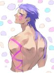  1boy back blue_hair bodypaint chick_print cu_chulainn_(fate)_(all) cu_chulainn_alter_(fate/grand_order) dark_persona expressionless facepaint fate/grand_order fate_(series) from_behind iz_izhara long_hair looking_back male_focus muscular pink_eyes shirtless solo spiky_hair type-moon 