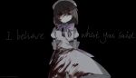  1girl arms_behind_back black_background blood blood_on_face bloody_clothes bloody_dress dress english_text hat highres higurashi_no_naku_koro_ni lyrics puffy_short_sleeves puffy_sleeves purple_ribbon ribbon ryuuguu_rena sakurajuuichi short_sleeves solo white_dress white_headwear white_text 