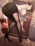  1girl absurdres airplane_interior ass bent_over black_footwear black_legwear breasts brown_hair cola cup flight_attendant hair_behind_ear high_heels highres id_card looking_back medium_breasts office_lady open_mouth original pantyhose pencil_skirt red_eyes senjouhara_nira short_hair skirt soda_bottle solo spill stewardess water 