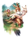  2girls :3 animal_ears black_footwear blonde_hair blush boot_bow boots bow bow_footwear breasts brown_hair brown_legwear bunny_tail carrying cellien_(kemono_friends) center_frills chasing commentary crying dated day european_hare_(kemono_friends) extra_ears fleeing frills fur-trimmed_legwear fur-trimmed_sleeves fur_collar fur_trim gloom_(expression) gradient_hair grass hair_over_one_eye highres huge_breasts kemono_friends long_hair mary_janes monster mountain_hare_(kemono_friends) multicolored_hair multiple_girls outdoors pantyhose pink_bow princess_carry rabbit_ears rabbit_girl red_eyes running scared shoes short_hair signature skirt smile speed_lines streaming_tears sweat sweating_profusely tail tears thigh-highs tree white_hair white_legwear white_skirt yoshida_hideyuki zettai_ryouiki 
